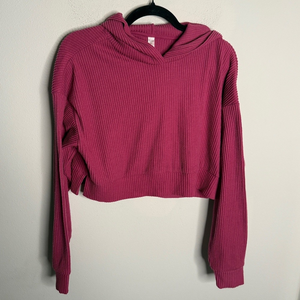 ALO Yoga Women's Small Pink Muse Ribbed Cropped Hoodie Casual Activewear Gym
